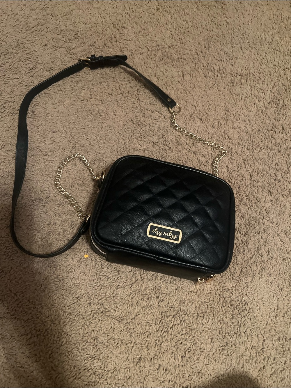 Itzy Ritzy Black Quilted Crossbody with Gold Chain
